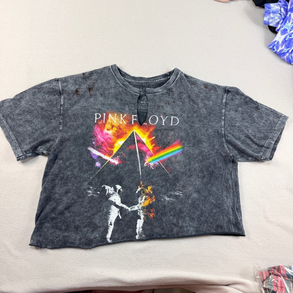 Pink Floyd Acid Wash Cropped Graphic Tee Gray V-Neck Cutout Large